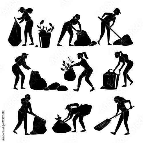 A modern flat illustration portrays volunteers in a park collecting and sorting waste, with individuals placing trash into bags and bins for recycling, amidst a summer landscape where women and men