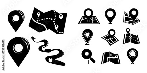 Geolocation map path distance and GPS cartography position are key components of the map and location symbols set, which also includes a mapping icon collection