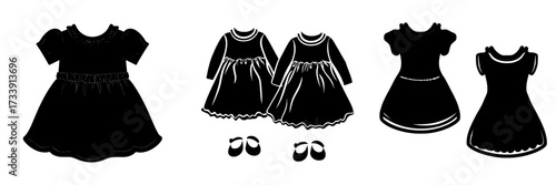 The Baby Girl's Round Neck Smocked Puff Short Sleeve Frock Dress is depicted in both front and back views, presented as a modern fashion illustration incorporating CAD and technical drawing elements