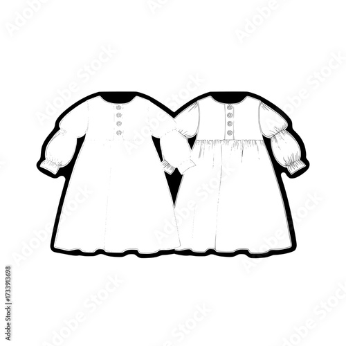 A modern fashion illustration featuring the Baby Girl's Henley Neck Bell Sleeve Tiered Frock Dress showcases the garment from both the front and back, utilizing CAD and technical drawing techniques,