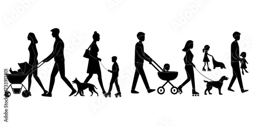 A modern flat illustration on a white background depicts people engaging in various weekend activities in the park, including walking dogs, pushing baby carriages, and bringing kids along, with some