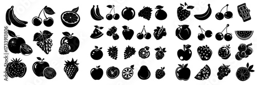 A 3d modern set of isolated gold game fruit icons for casino slot machines includes bananas, cherry, blueberry, apple, watermelon, raspberry, grapes, and orange, and is used for gambling, lotteries,