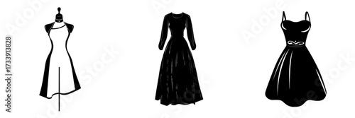 A midi dress is represented by a technical drawing, a dress mockup, and a fashion flat sketch template