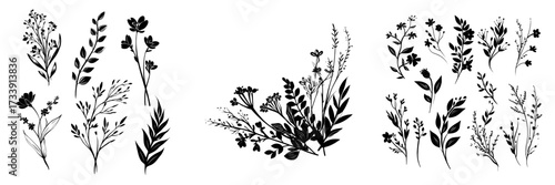 A luxurious botanical backdrop featuring trendy wildflowers and minimalist blooms, suitable for wall decor or wedding aesthetics, also includes hand-drawn line herbs and elegant leaves ideal for save