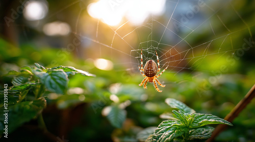 A detailed view of a spider weaving its web among green plants in a sunny garden, under soft natural light, highlighting intricate web and lush greenery, serene nature scene, calm 