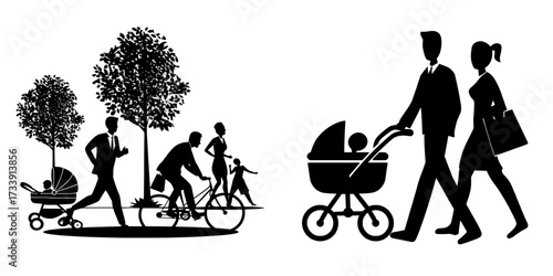 People stroll through the park with a baby carriage, cycle on bicycles, and go for a jog, set against a modern flat illustration of a summer landscape featuring a man running, a businessman in a