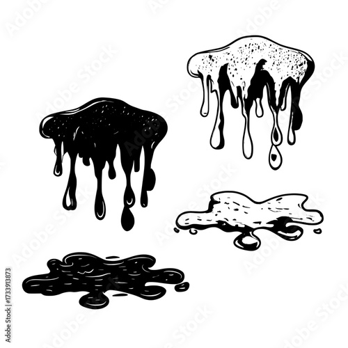Fluid mucus drops and blobs, along with liquid green slime splashes, are key elements of this modern cartoon set, which includes border and frames made from dripping poison goo on a white background