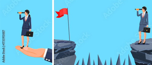 Businesswoman looking through spyglass from giant hand. Woman on cliff with flag and sharp obstacles. Business vision and challenge concept.