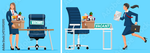 Woman leaving job with box of items and woman running to a vacant office chair concept. Unemployment and new opportunity.