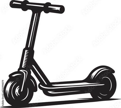 Black and white illustration of a modern electric scooter with handlebars and wheels on a white background