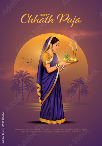 Happy Chhath Puja holiday background celebrating traditional festival of India. Creative vector illustration.