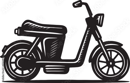 Classic retro style electric scooter or moped in a bold black and white woodcut illustration style