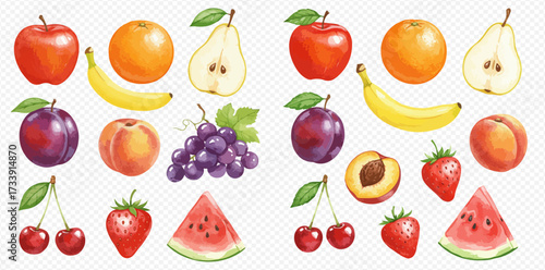 A vibrant collection of watercolor fruit illustrations, including apples, bananas, and watermelon.