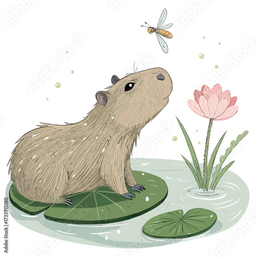A cute capybara sits on a lily pad looking at a bug.