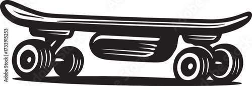 Black and white woodcut illustration of a classic skateboard with four wheels and a curved deck on a white background