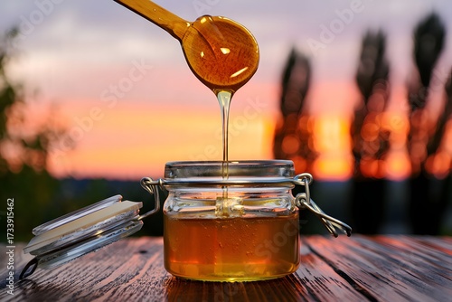 Golden honey dripping into a glass jar at sunset with a wooden spoon above the jar filling it