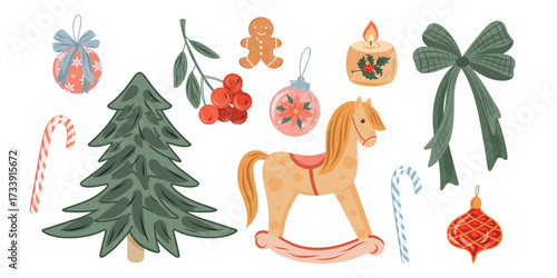 Holiday clipart set, Christmas set, Seasonal toy set. Rocking horse, baubles, christmas tree, rowan, candy cane