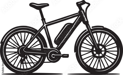 Stylized black and white illustration of a modern electric bicycle with a prominent battery pack and disc brakes