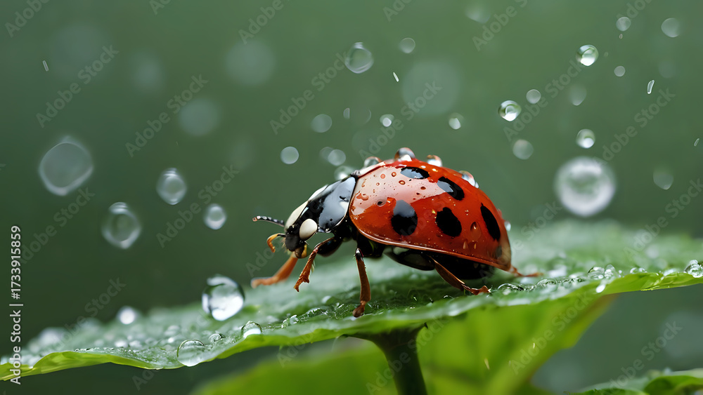 Fototapeta premium ladybug on grass, ladybug raindrops umbrella leaf protection safety ecology sustainability