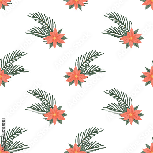 Poinsettia and spruce twig seamless pattern, Floral holiday motif, Poinsettia background