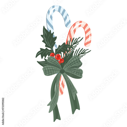 Bow with candy cane and holly berry, Cane and ribbon, Holly bow ornament