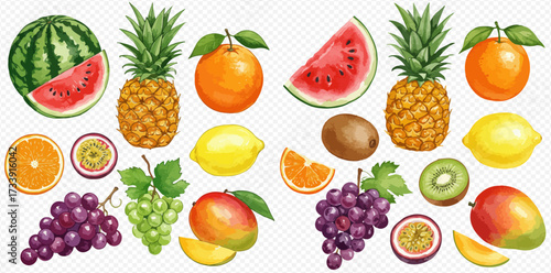 A vibrant assortment of fruits, including watermelon, pineapple, orange, grapes, mango, lemon, kiwi, and passion fruit.