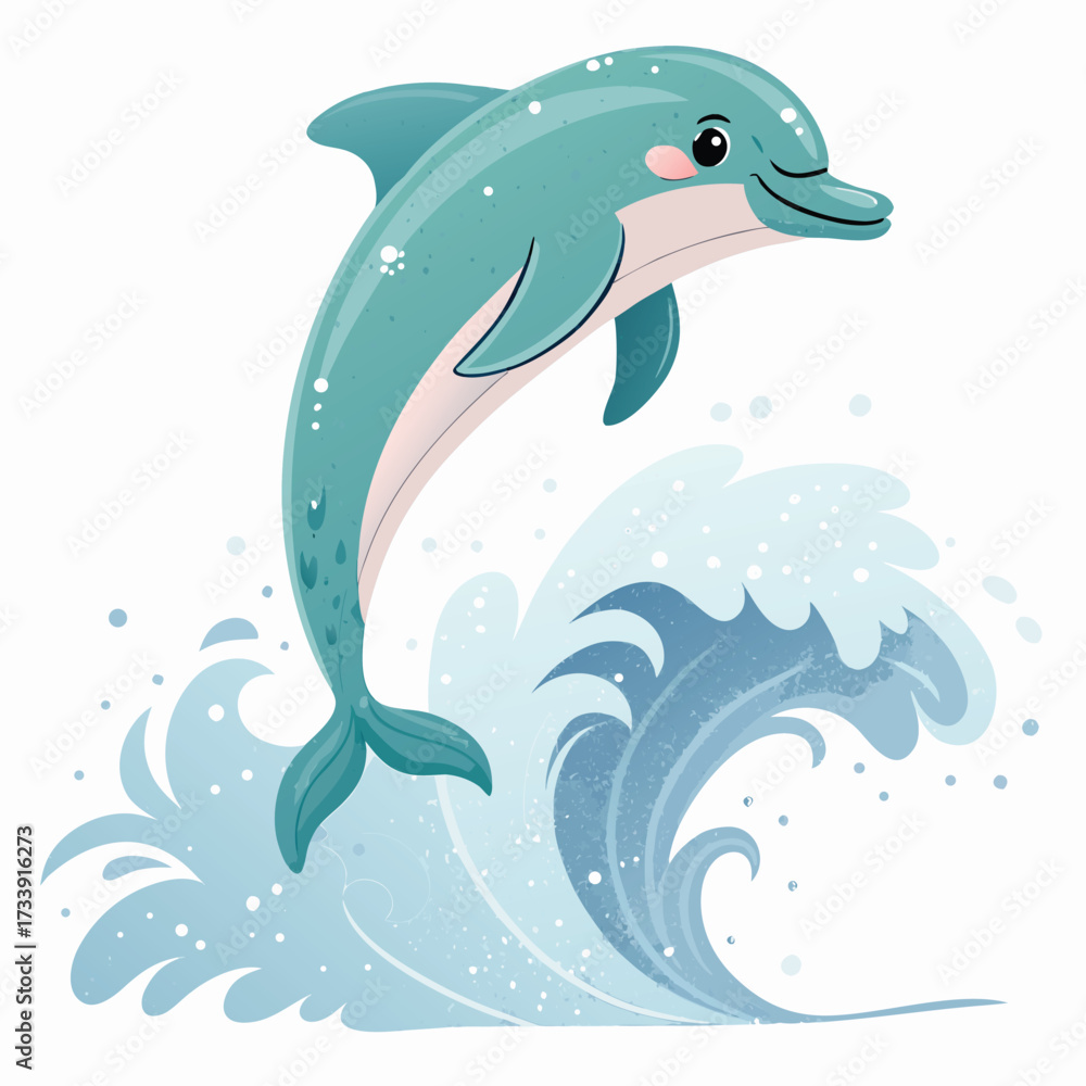 Obraz premium A cartoon dolphin jumps joyfully out of a blue wave.
