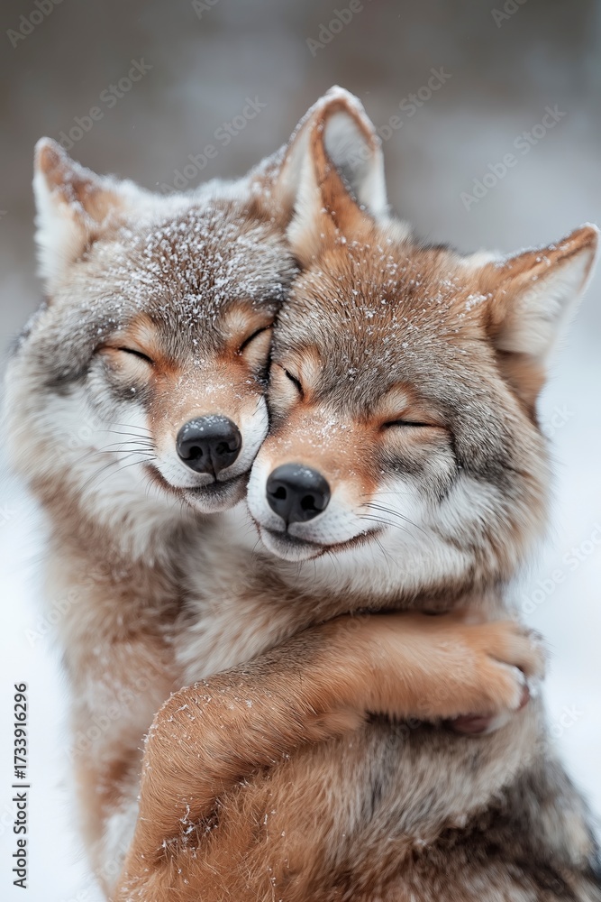 Fototapeta premium In a serene winter setting, two wolves share a heartfelt embrace, their fur dusted with snow. Their closed eyes reflect trust and warmth against the cold backdrop.
