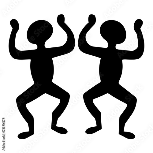Stylized silhouette illustration depicting two abstract figures in a dancing or celebrating pose