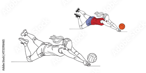 Vector illustration of a female volleyball player diving to save the ball, showing speed, energy, and determination. Perfect for sports design, athletic artwork