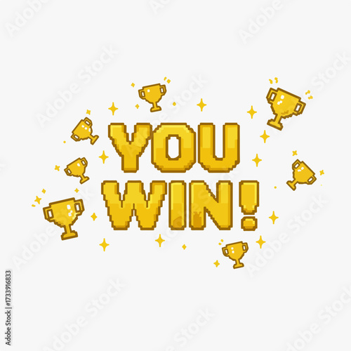 Pixelated Retro Style You Win Text with Trophy Celebration Element