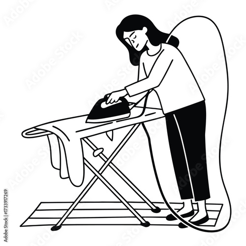 Woman ironing clothes on an ironing board in a black and white illustration Keywords: woman, ironing