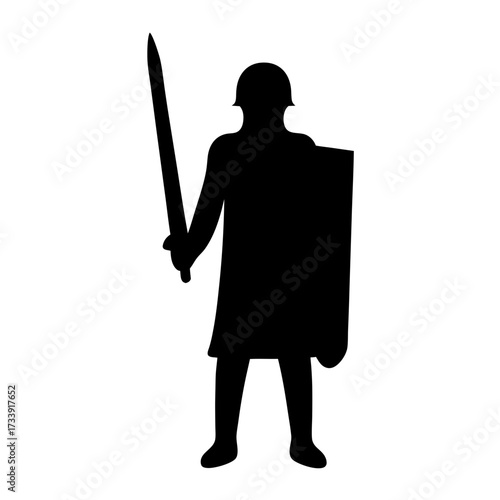 Black silhouette of ancient Roman soldier with sword and shield ready for battle