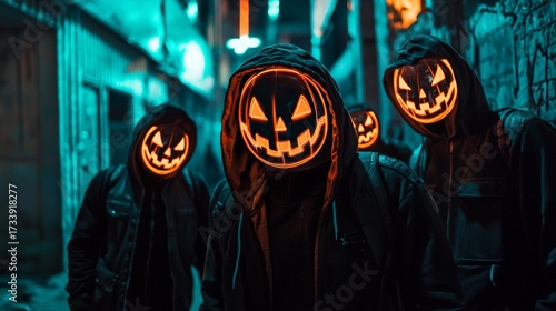 Group of individuals wearing glowing pumpkin masks in a dark alley during Halloween festivities