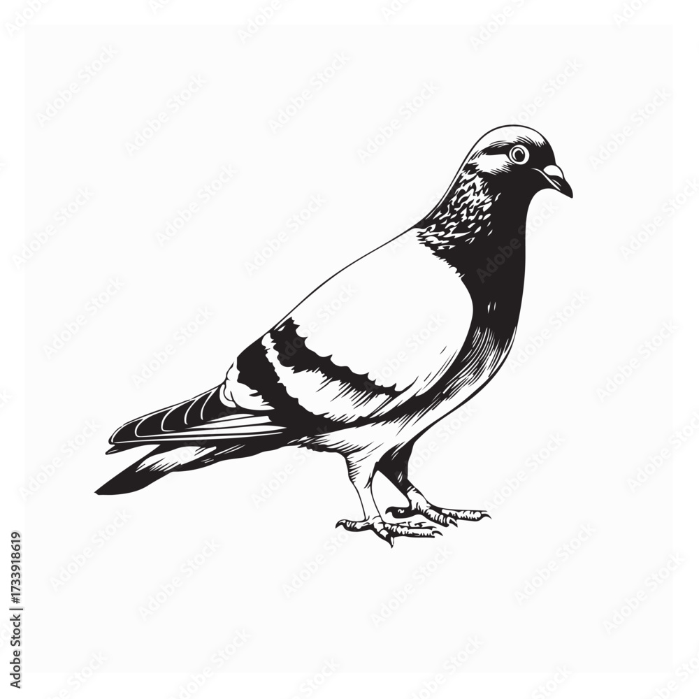 Fototapeta premium Black and white illustration of a pigeon standing bird image vector