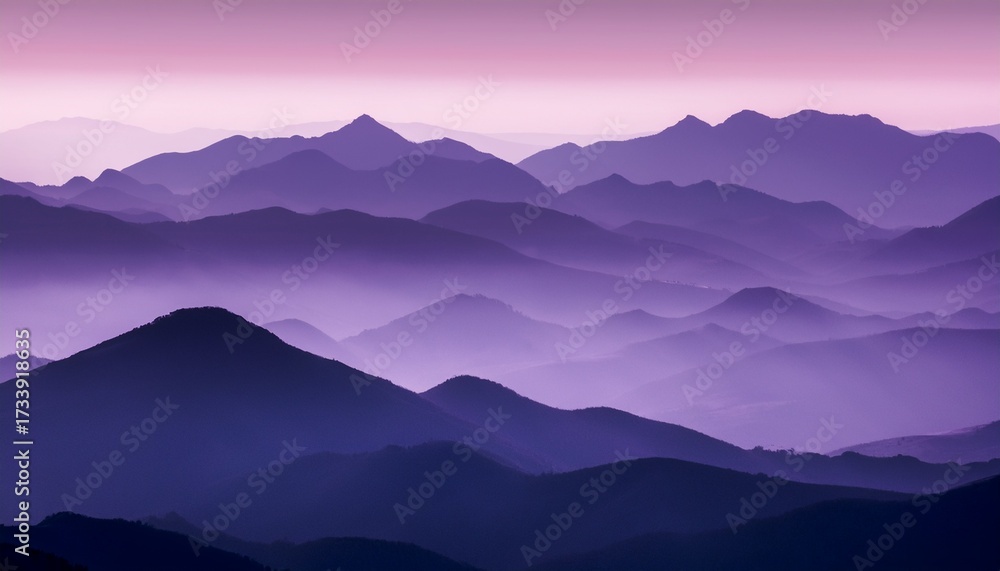Fototapeta premium Illustration Of Soothing Deep Misty Purple Mountain Majesty Wavy Range Faded Sky Design Ombre Lilac Light To Dark Hues Background