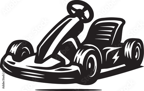 Stylized black and white illustration of a go kart with a steering wheel and racing seat on a white background