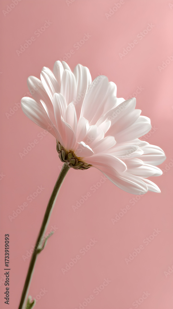 Obraz premium A beautiful pale pink chrysanthemum flower with numerous delicate petals and a slender green stem is presented against a soft pink backdrop
