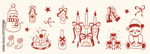 Whimsical Christmas doodle line art festive and holiday icon, red, pink elements illustrations for sale, promotion, branding, labels, posters, cards, invitation, greeting card, social media.