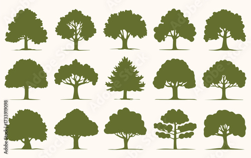 A grid of various green tree silhouettes on a beige background, showcasing various shapes and sizes, representing diversity in nature.