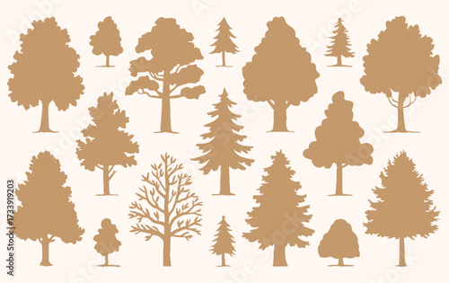 Silhouettes of various tree shapes in brown tones against a light beige background. The image includes conifers, deciduous trees, and bare branches.
