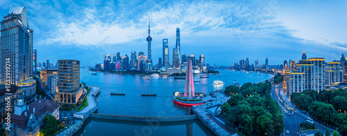 Panoramic view of the modern financial district skyline across the river at dusk in Shanghai.