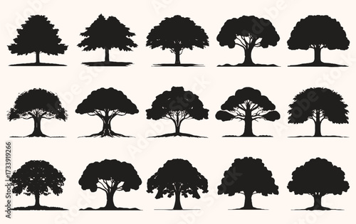 Silhouettes of various tree shapes in two horizontal rows against a light pink background, showcasing different foliage and branch patterns.