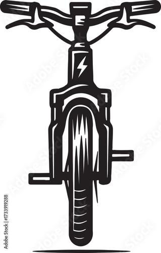 Front view of a black and white graphic illustration of an electric mountain bike with handlebars and front wheel