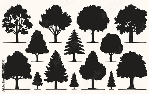 Silhouettes of various tree shapes, including broad leaved and coniferous types, arranged on a light background, conveying diversity in nature.