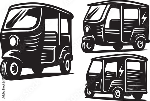 Three stylized black and white illustrations of auto rickshaws one larger and two smaller showcasing electric vehicle design