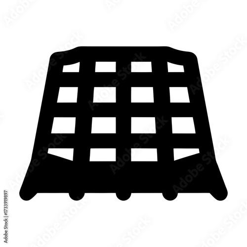 Black silhouette of an agricultural harvester with multiple squared apertures and smooth wheels
