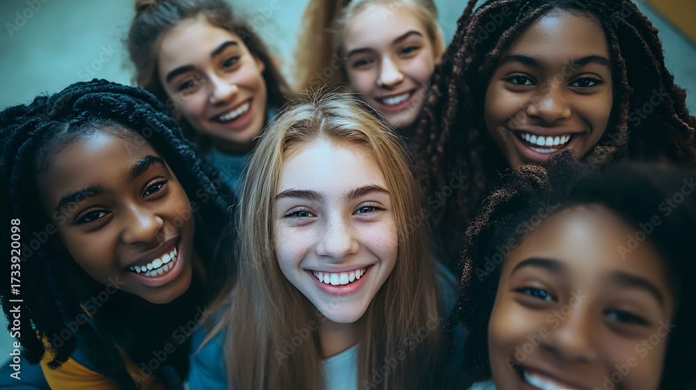 Obraz premium A selfie of cheerful students looking at the camera, laughing, and happy to be back at school with their classmates.