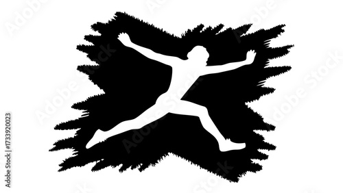 Dynamic silhouette of a person mid-jump, symbolizing freedom, action, and achievement in a bold graphic style.