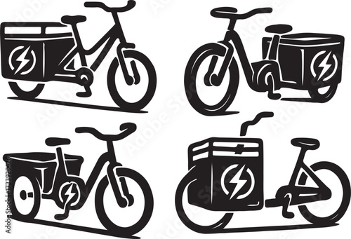 Collection of four black and white illustrations of electric cargo bikes and delivery bicycles with insulated boxes